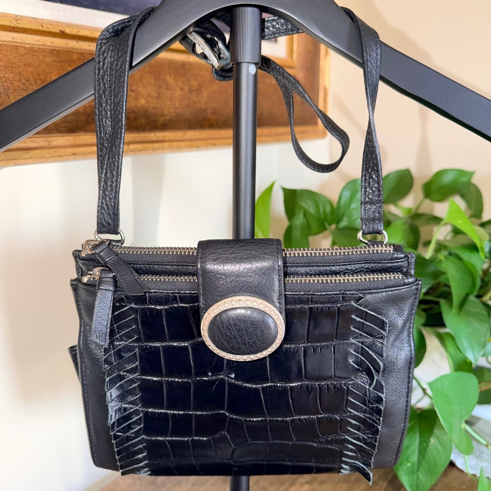Brighton Crossbody Bag Women Small Black Croco Leather Organizer Whipstitch 5432